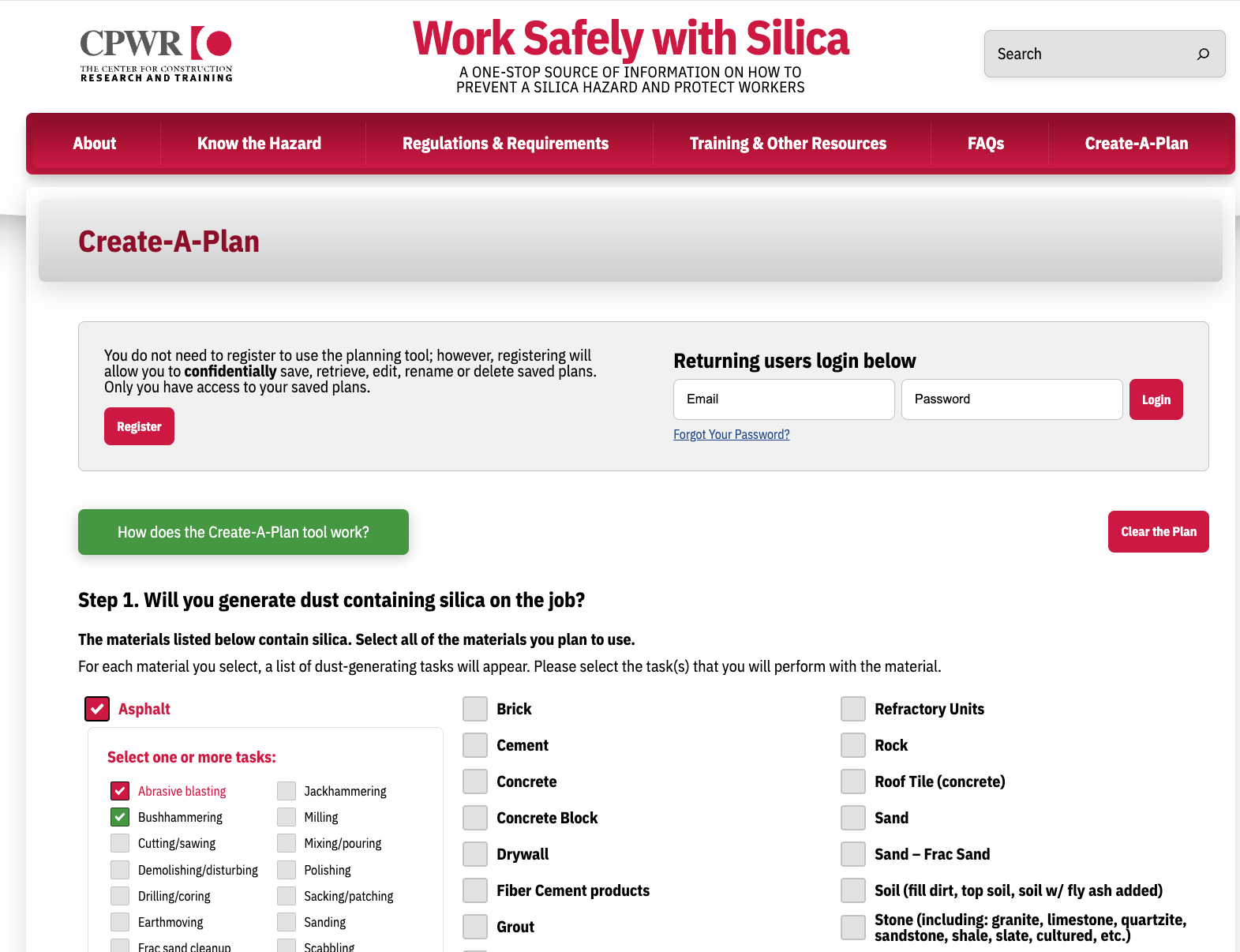 Screenshot of the Silica-Safe planning tool